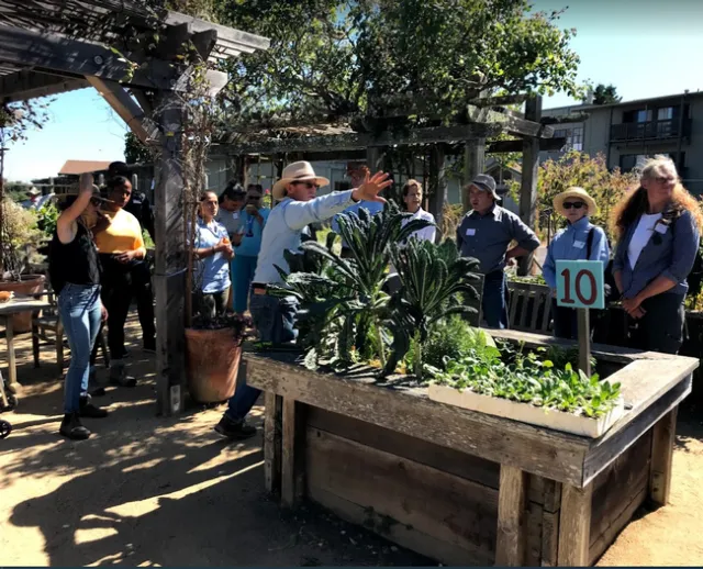 Attendees standing by a raised garden bed clearly marked with a number that identifies a certain garden location.