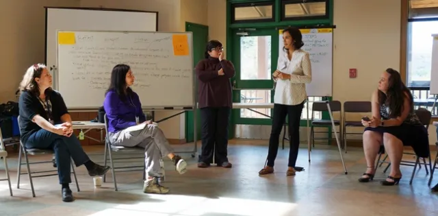 UCCE experts discuss ways to reduce the climate change burden on already disadvantaged Californians. Left to right, UCCE small farms advisor Ruth Dahlquist-Willard, UCCE specialist in soil-plant-water relations Mallika Nocco, UC California Institute for Water Resources academic Coordinator Faith Kearns, UCCE public policy specialist Clare Gupta and UC California Naturalist Climate Stewards Initiative academic coordinator Sarah-Mae Nelson.