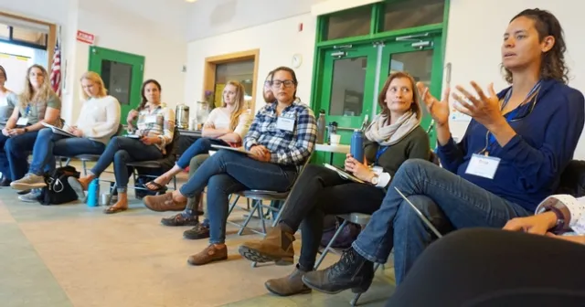 UC Climate Smart Farming educator Britta Baskerville, right, discusses her role in UC Cooperative Extension.