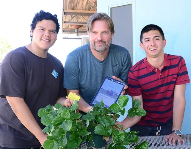 The Smart Spray team: computer scientist Gabriel Del Villar; agricultural entomologist Christian Nansen and computer scientist/student Alexander Recalde. (Photo by Kathy Keatley Garvey)