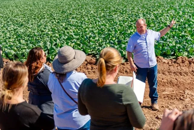 Photo by Vincent Osuna, IV Press. Jack Vessey, Imperial Valley Farmer, speaks to teachers at inaugural IV Ag Tours for Teacher event.