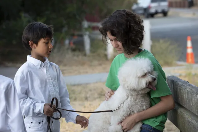 Teen girl, dog and young boy