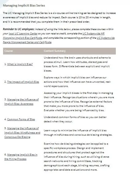 Screenshot of Managing Implicit Bias Video Series page on the University of California Office of the President Human Resources website