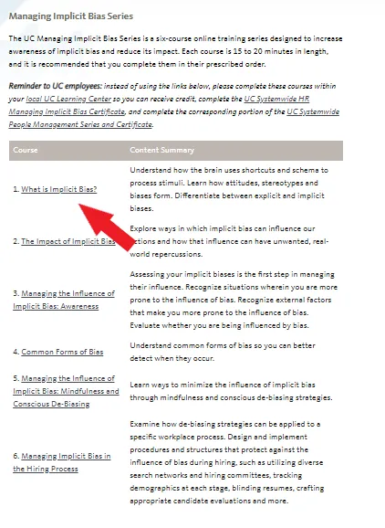 Screenshot of Managing Implicit Bias Video Series page on the University of California Office of the President Human Resources website; Arrow indicates how volunteer learners can access the first of six courses