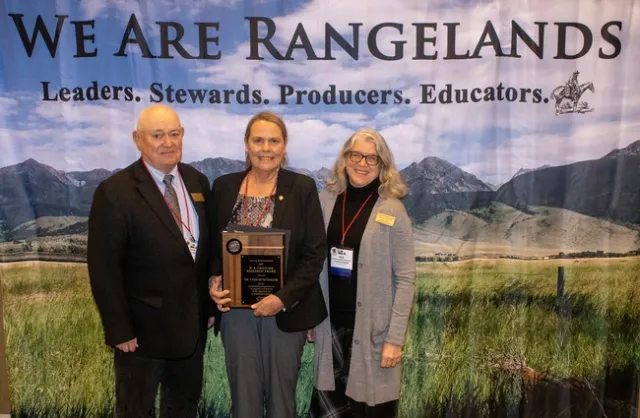 From left, Society for Range Management President Clayton Marlow, Lynn Huntsinger and Maria Fernandez-Gimenez