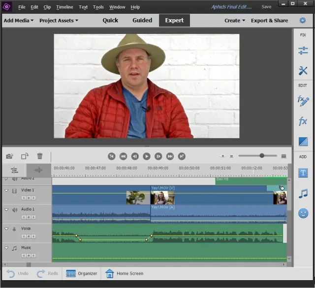 View of Adobe Premiere Elements editing screen.