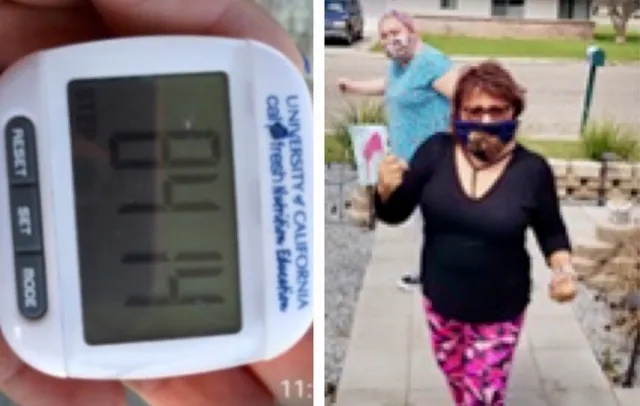 Alice Escalante, right, communicates with Walking Club participants via WhatsApp to report the number of steps they walk.