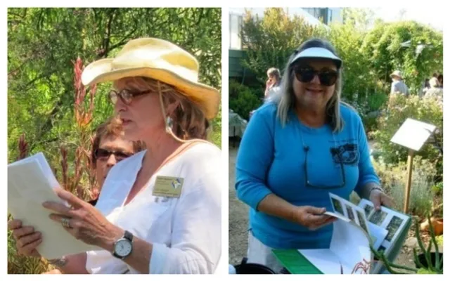 Gail Mason (left) wearing a white long sleeved shirt and straw colored hate addresses a group of UC Master Gardener volunteers at the Falkirk Cultural Center. Jessica Wasserman (right) wearing a blue shirt and visor places a plant identificaiton book in front of a succulent table at the Falkirk Cultural Center.