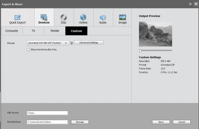 Premiere Elements' Devices Export Screen