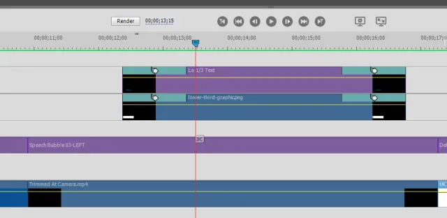 Example timeline showing a lower thirds asset correctly placed in Premiere Elements