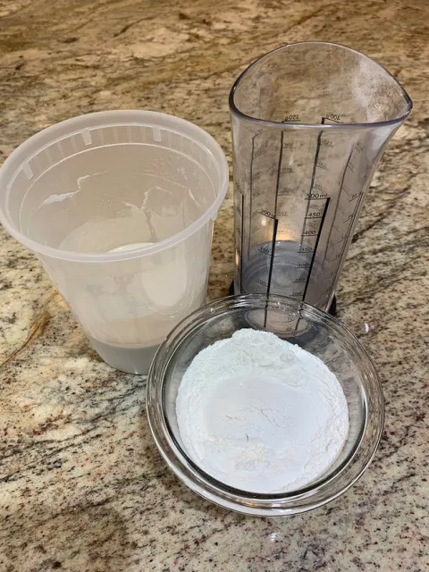 Ingredients to feed starter include flour and water