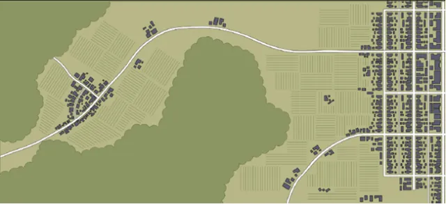 Clustering homes is safer because the agricultural land (shown as striped rows) provides a protective buffer. This pattern of development also is easier to defend from fire and requires fewer fire suppression resources. Source: Fire Mitigation in the Wildland Urban Interface