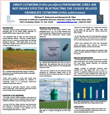 Michael Rethwisch and Kassandra Allan won a national NACAA award for their applied research poster, “Dingy cutworm pheromone lures are not highly attractive to the closely related granulate cutworm.”