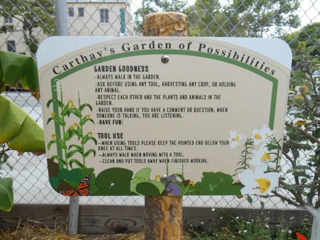Carthay's Garden of Possibilities. The sign reads: Garden Goodness. Always walk in the garden. Ask before using any tool, harvesting any crop or holding any animal. Respect each other and the plants and animals in the garden. Raise your hand if you have a comment or question. When someone is talking, you are listening. Tool use. When using tools please keep the pointed end below your knee at all times. always walk when moving with a tool. Clean and put tools away when finished working.
