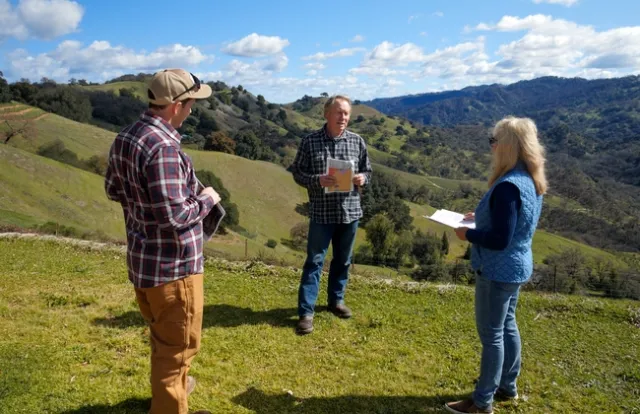 Three people stand on green hillside dotted with shrubs with blue sky and clouds background.
