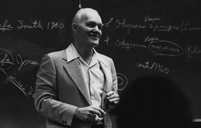 The Bohart Museum is named for noted entomologist and UC Davis professor Richard Bohart (1913-2007), shown here in the classroom. (Bohart Museum archived photo)
