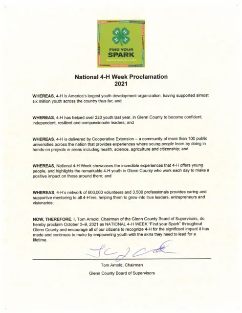 Glenn County 4-H National 4-H Week Proclamation 2021