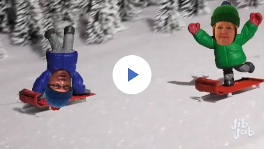 Cartoon shows Tu Tran standing on his hands sledding down a snowy slope followed by Wendy Powers on a sled.