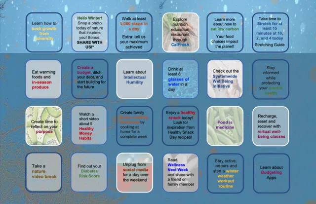 Card with 24 tiles containing wellness activities.