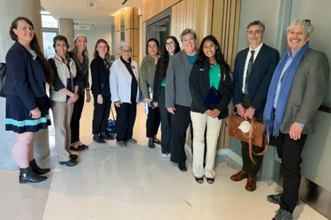 The UC ANR delegation gathers in the new state legislative office building: from left, Sarah-Mae Nelson, Dorina Espinoza, Mae Culumber, Christina Harrington, Clio Tarazi, Kamal Khaira, Sara Tibbets, Glenda Humiston, Megna Nayar, Igor Lacan and Mark Bell.