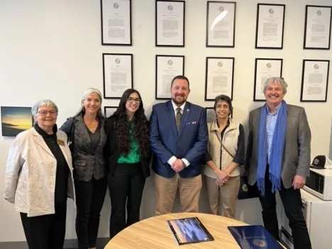 Assembly Member Devon Mathis, third from right, met with (from left) Clio Tarazi, Mae Culumber, Sara Tibbets, Dorina Espinoza and Mark Bell.