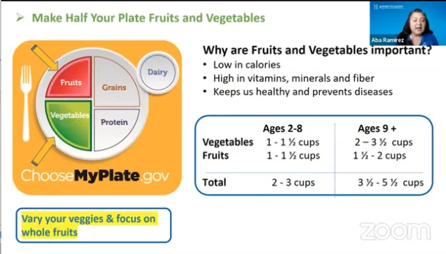 Picture of plate labeled with fruits, grains, protein and vegetables. Dairy is at the side. ChooseMyPlate.gov. Why fruits and vegetables are important: Low in calories, high in vitamins, minerals and fiber, keeps us healthy and prevents diseases. Vary your veggies & focus on whole fruits.