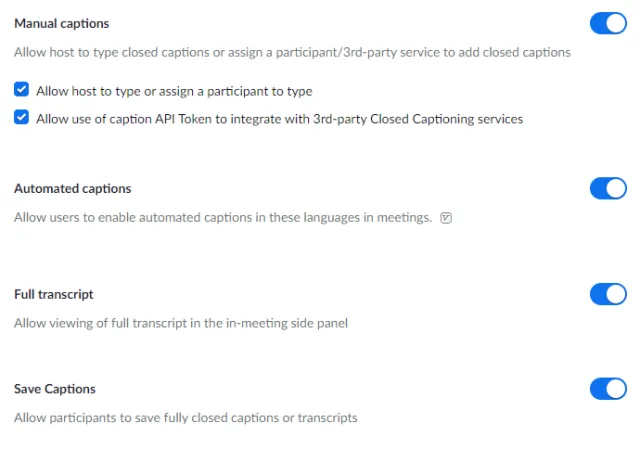 Zoom closed caption settings for Host in UCANR Portal Zoom Settings