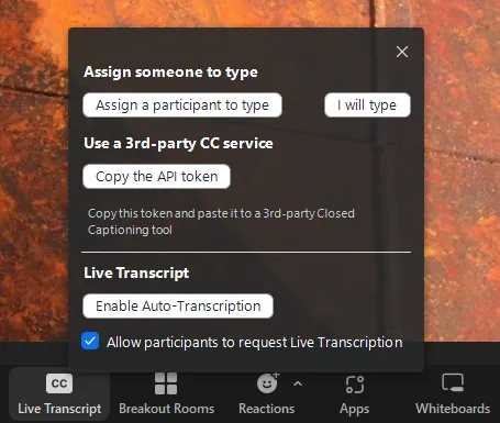 Zoom Closed Caption Settings for Host in Zoom Desktop App