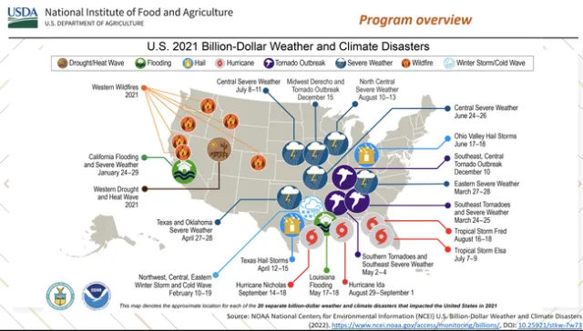 NIFA map of locations of US 2021 billion-dollar weather and climate disasters