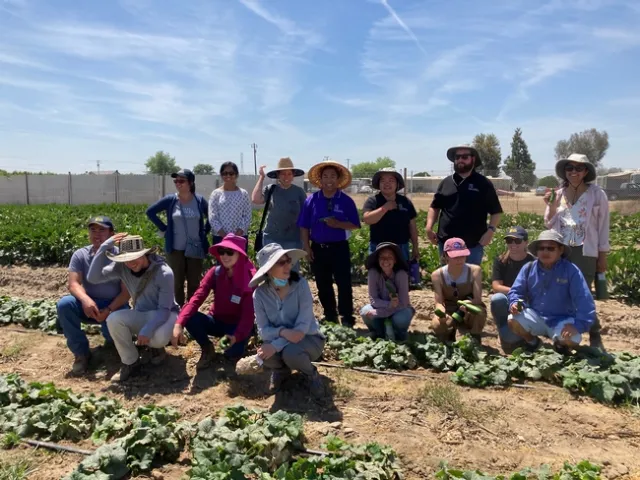 The UC Cooperative Extension small farms team poses among leafy greens at a Hmong farmer's farm.