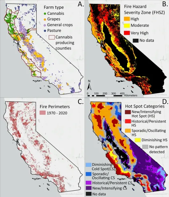 Four maps showing farm type, fire hazard, fire perimeters 1970-2020 and hot spot categories.
