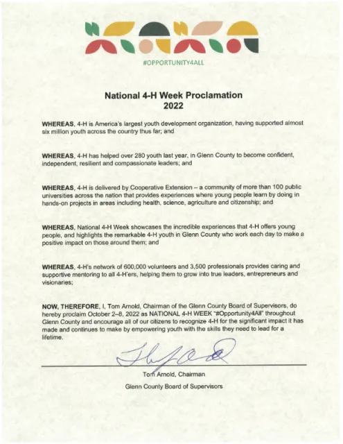 Glenn County 4-H National 4-H Week Proclamation 2022