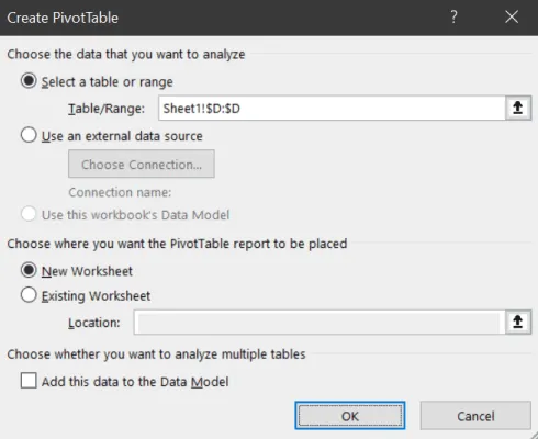 Insert the pivot table on a new sheet