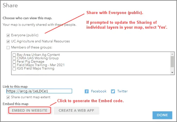 Share the map with the public. If you're prompted to update the sharing settings for the layers, select 'Yes'.