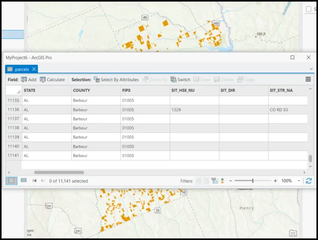 Attribute table for Barbour County parcels