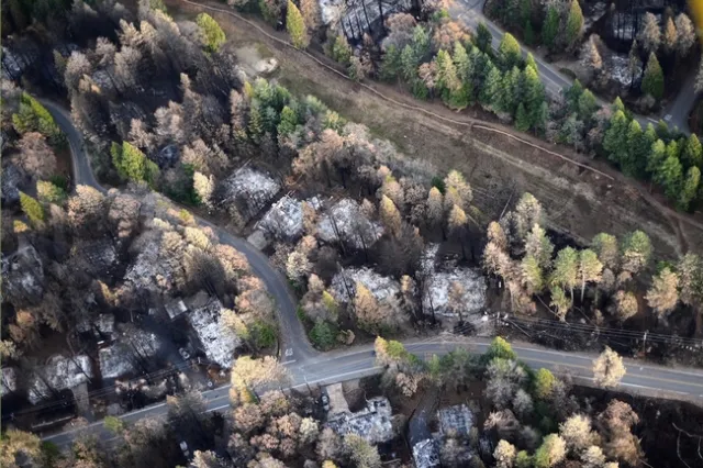 Aerial image over Magalia post-Camp Fire illustrates a gradient of fire damage to overstory vegetation with distance from destroyed homes. Photo by Owen Bettis, Deer Creek Resources