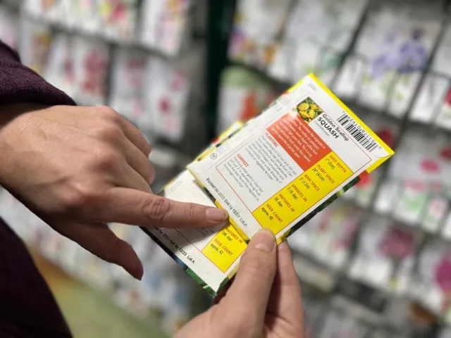 A person holding a seed packet reviewing the days until germination.