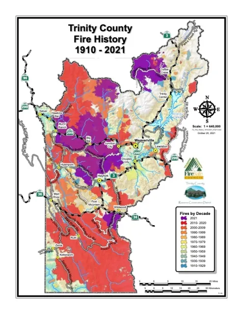 Map of fires within Trinity County, 1910-2021.