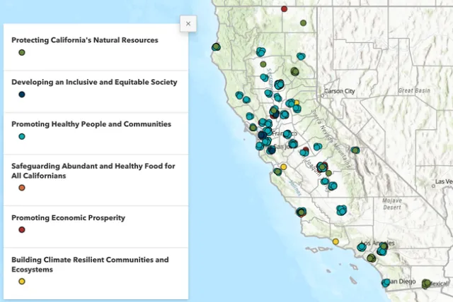Image of a map with colored dots that represent different condition changes. Legend displayed on left shows the condition change represented by each color.