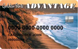 Credit card that says Golden state advantage and has a picture of the California coastline with a Cardholder John and number on it.