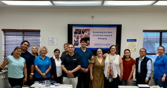 A picture of the staff at the Imperial Valley UCCE office. I enjoyed my visit with Imperial County UCCE staff & academics! Left to right: Lupe Ibarra, Rigoberto Ponce, Martha Lopez, Nannette Kniffin, Jennifer Garcia, Tayebeh Hosseini Yazdi, Christopher Wong, Jose Vallejo, Jessica Delgado, Elizabeth Moon, Ana Resendiz, Ali Montazar, Cuong Nguyen (photographer), Brooke Latack