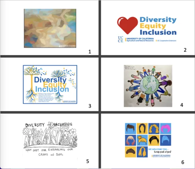 6 postcard designs.Picture 1: Muted colors of browns and blues. Picture 2: Heart with the words “Diversity, Equity & Inclusion.” Picture 3: Two trees in yellows and blues with roots intertwined with the words “Diversity, Equity, Inclusion.” Picture 4: Earth with many people holding hands. Picture 5: Ink drawing of crops with the words Diversity & Inclusion not just for enhancing our crops & soil. Picture 6: A variety of hairstyles with vibrant blues, yellows, pink, brown and black