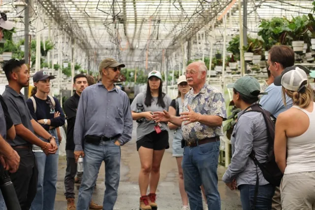 A group of people chatting while standing in the middle of a greenhouse.
