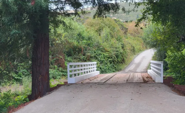 A wooden bridge with white rails on each side.