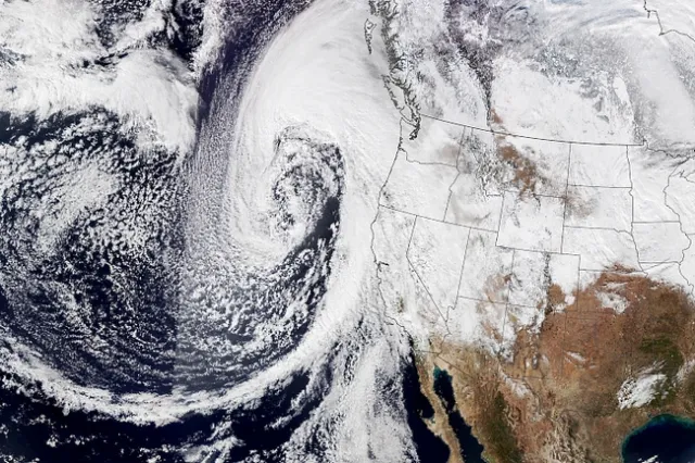An atmospheric river lashes California in 2023. (Photo: NASA)