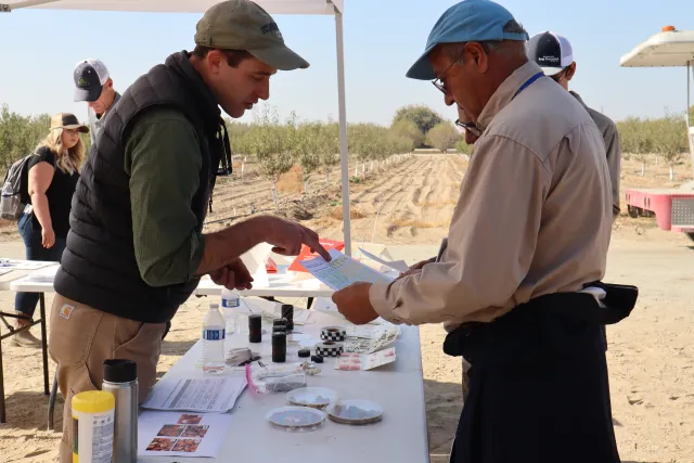 Houston Wilson shares information about navel orangeworm with tree nut growers during the UC ANR Almond Short Course.