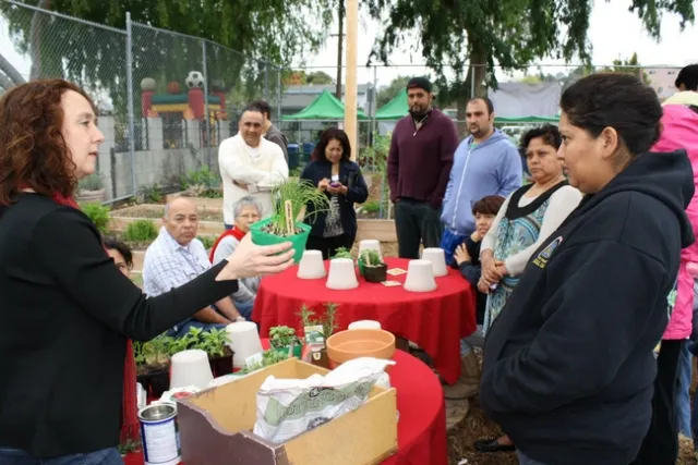 Surls hands a potted plant seedling to a workshop participant as others look on.