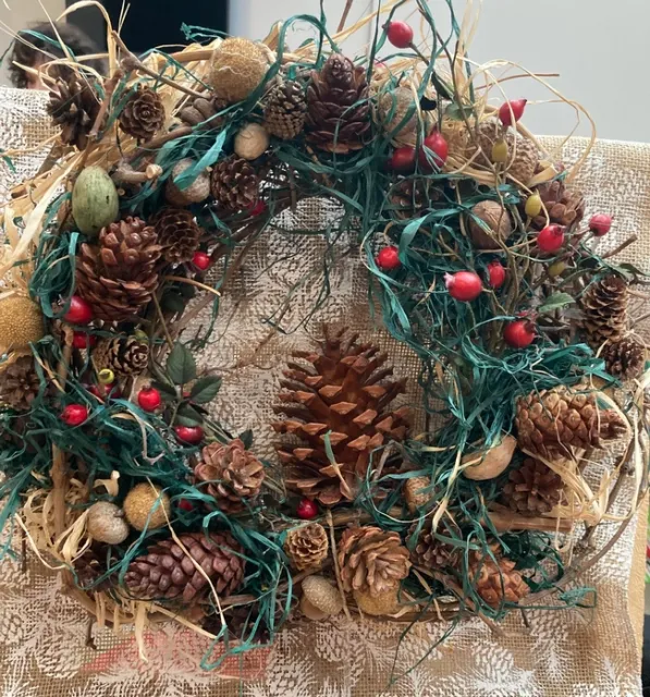 To make a wreath for the front door, Hindes twisted still-green grapevines into a circle and let them dry. He later used hot glue to artfully attach the greenery and plant matter he collected along with rose hips and store-bought moss, nuts and cinnamon sticks.