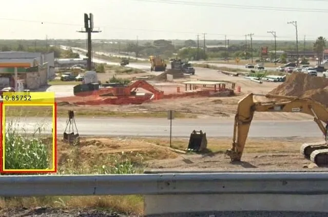 Johnsongrass identified growing near agricultural land using Google Street View. The yellow boxes were designated by artificial intelligence; the red boxes were drawn by human hand. (Mohsen Mesgaran/UC Davis)