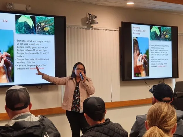 Sandipa Gautam delivers lecture on citrus thrips field day.